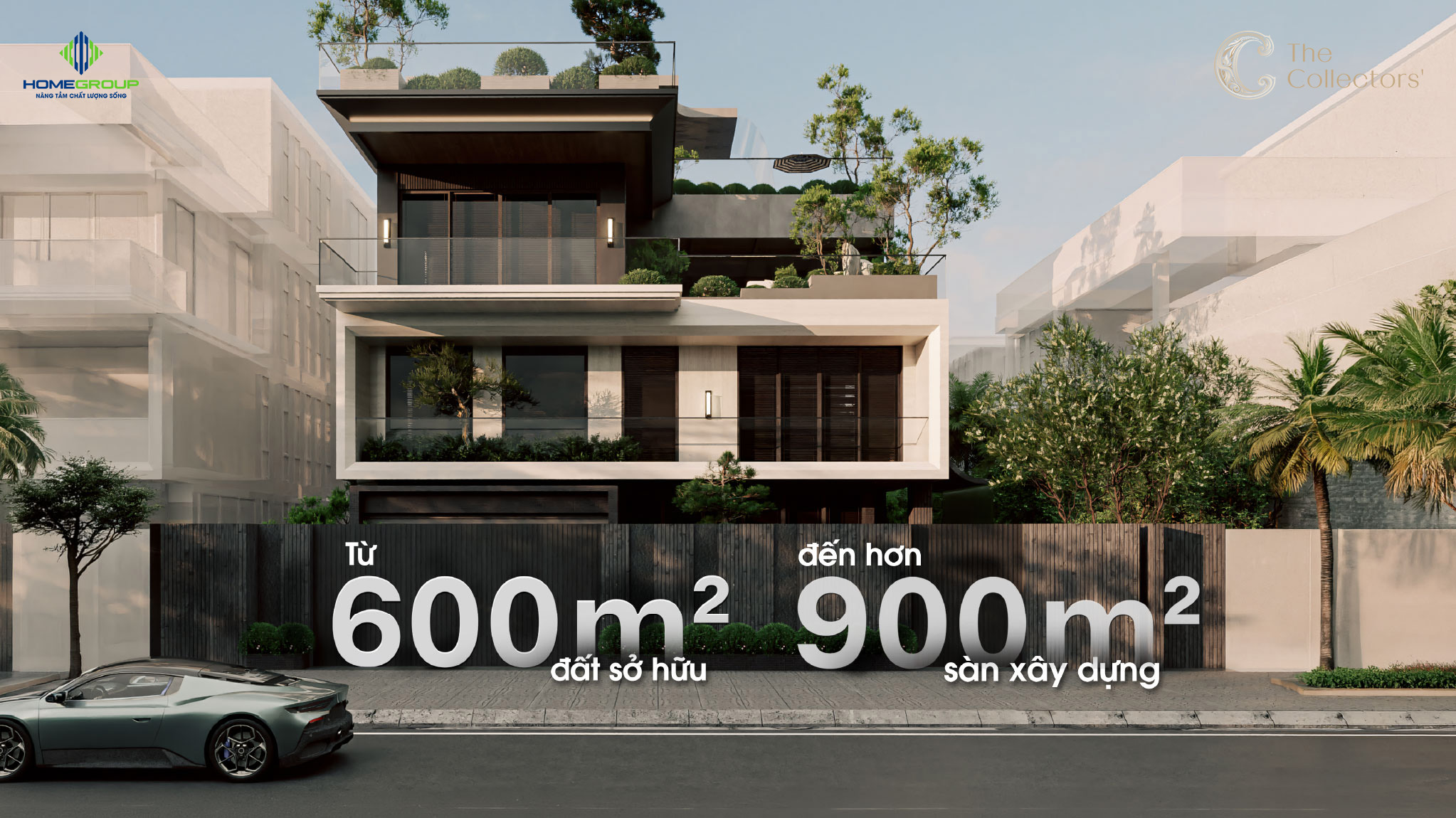 Phối cảnh dinh thự The Collectors với quỹ đất từ 600m² đến 900m², kiến trúc sang trọng và không gian sống đẳng cấp tại Đông Tăng Long.